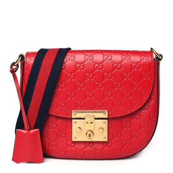 GUCCI Guccissima Web Medium Padlock Messenger Shoulder Bag Hibiscus Red