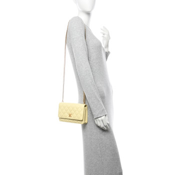 CHANEL Lambskin Quilted Sweet Camellia Wallet on Chain WOC Light Yellow