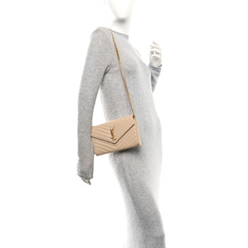 SAINT LAURENT Grain De Poudre Matelasse Chevron Monogram Chain Wallet Nude Powder