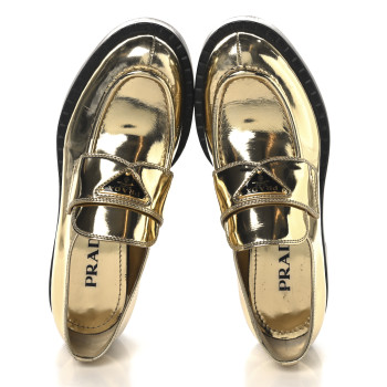 PRADA Metallic Brushed Calfskin Metal Triangle Logo 50mm Loafers 37.5 Platino