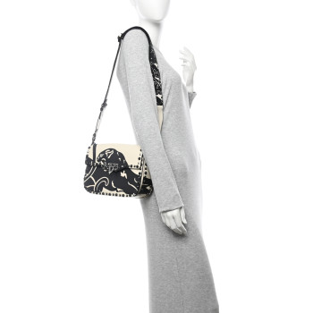 VALENTINO GARAVANI Calfskin Panther Medium Guitar Strap Rockstud Rolling Flap Saddle Bag Light Ivory Black