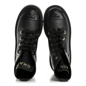 CHANEL Grained Calfskin Shiny Calfskin CC Lace Up Combat Boots 37.5 Black