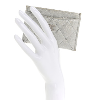 CHANEL Glittered Metallic Caviar Quilted Card Holder Silver