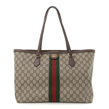 GUCCI GG Supreme Monogram Textured Calfskin Web Medium Ophidia Shopping Tote Beige Ebony New Acero