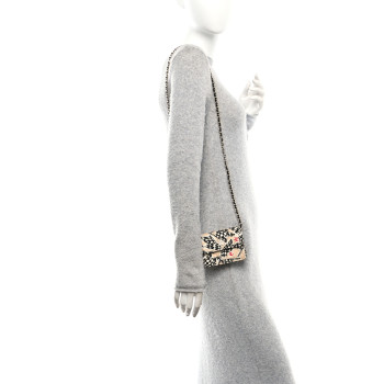 CHANEL Canvas Check Flag Printed CC Clutch With Chain Beige Multicolor