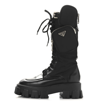 PRADA Spazzolato Rois Re-Nylon Metal Triangle Logo Monolith Pouch Pocket 55mm Tall Combat Boots 39.5 Black