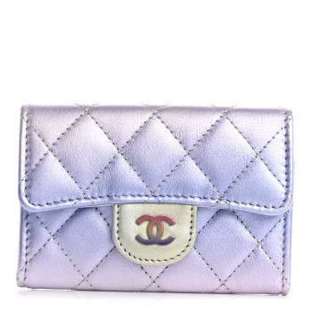 CHANEL Gradient Metallic Calfskin Quilted Flap Card Holder Wallet Silver Blue Yellow Purple