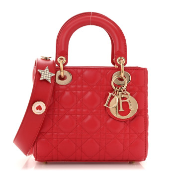 CHRISTIAN DIOR Lambskin Cannage Small Lucky Badges My Lady Dior Red