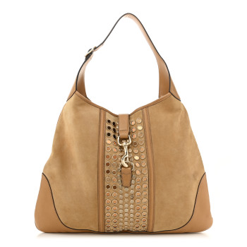 GUCCI Suede Studded Large Jackie Shoulder Bag Light Brown