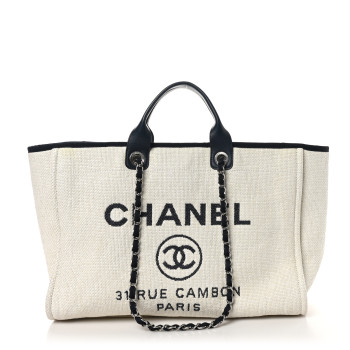 CHANEL Woven Straw Raffia Extra Large Deauville Tote White Navy