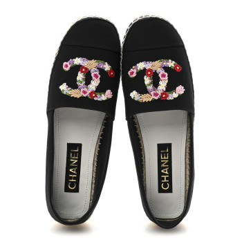 CHANEL Canvas Embroidered Floral CC Espadrilles 41 Black