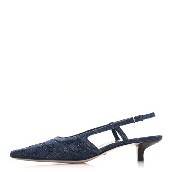 GUCCI Denim GG Monogram Malaga Kid Crystal Square G 35mm Slingback Pumps 37.5 Blue