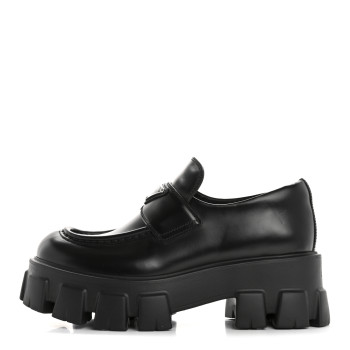 PRADA Spazzolato Rois Metal Triangle Logo Monolith 55mm Loafers 38 Black