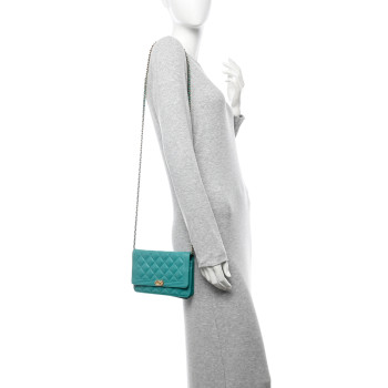 CHANEL Lambskin Quilted Boy Wallet On Chain WOC Turquoise