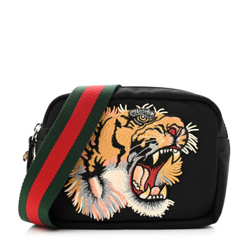 GUCCI Canvas Web Tiger Embroidered Messenger Bag Black