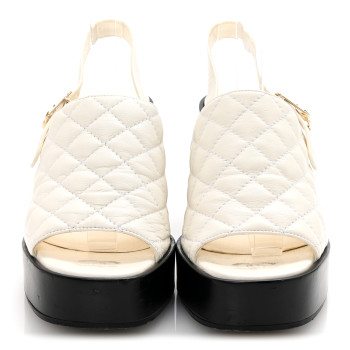 CHANEL Lambskin Quilted Peep Toe Wedge Sandals 38 White