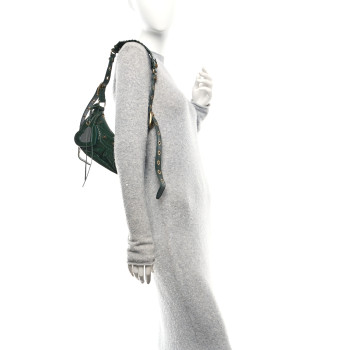 BALENCIAGA Extra Supple Calfskin Crocodile Embossed Le Cagole Shoulder Bag XS Forest Green