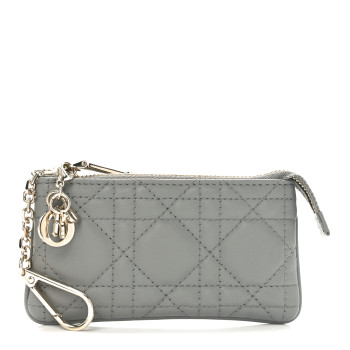 CHRISTIAN DIOR Lambskin Cannage Lady Dior Zipped Key Case Stone Grey