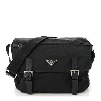 PRADA Tessuto Nylon Saffiano Double Buckle Messenger Shoulder Bag Black