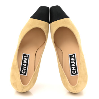 CHANEL Suede Grosgrain Cap Toe CC Pumps 36 Beige Black