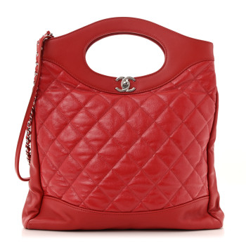 CHANEL Shiny Crumpled Calfskin Quilted 31 Shopping Bag Red