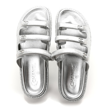 CHANEL Laminated Lambskin Quilted Velcro Crystal CC Dad Slide Sandals 40 Silver