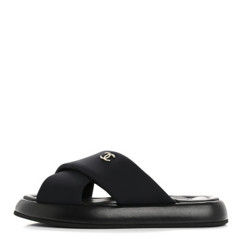 CHANEL Fabric CC Mules Sandals 37 Black