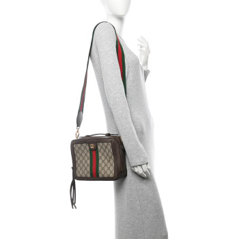 GUCCI GG Supreme Monogram Web Small Ophidia Top Handle Shoulder Bag Brown