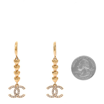 CHANEL Metal Crystal CC Heart Hoop Long Drop Earrings Gold