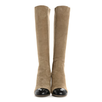 CHANEL Suede Lambskin Shiny Calfskin Sherpa CC High Boots 38.5 Light Beige Black