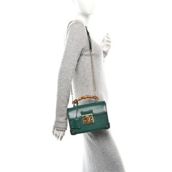 GUCCI Azalea Calfskin Small Padlock Bamboo Shoulder Bag Vintage Green