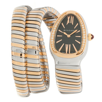 BULGARI Stainless Steel 18K Rose Gold Diamond Bezel 35mm Serpenti Tubogas Double Spiral Quartz Watch Black