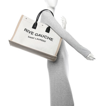 SAINT LAURENT Linen Calfskin Rive Gauche Tote Optic White