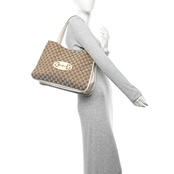GUCCI Monogram New Sakai Calfskin Lux Horsebit 1955 Tote Beige Ebony Mystic White