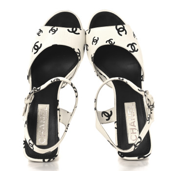 CHANEL Printed Lambskin CC Platform Sandals 40.5 White Black