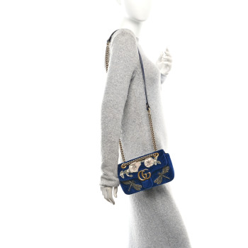 GUCCI Velvet Matelasse Embroidered Mini GG Marmont Shoulder Bag Cobalt Blue