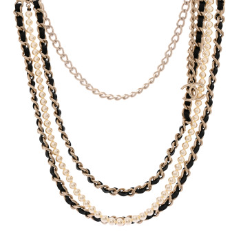 CHANEL Pearl Lambskin Chain CC Multi Strand Necklace Gold Black