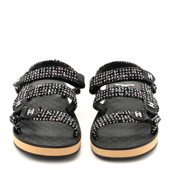 CHANEL Glittered Tweed Lambskin Dad Sandals 39 Black White