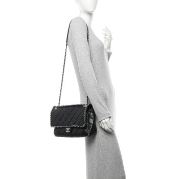 CHANEL Crumpled Calfskin Quilted Large Chain All Over Flap Bag Black