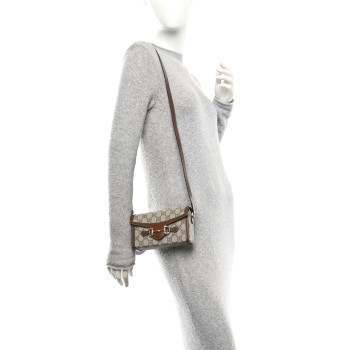 GUCCI GG Supreme Monogram Mini Horsebit 1955 Shoulder Bag Beige Brown Sugar