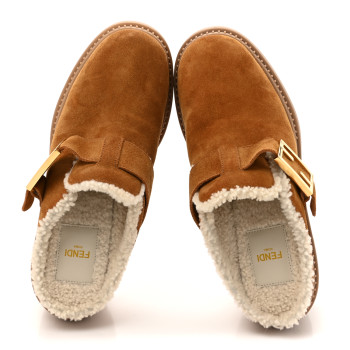 FENDI Suede Shearling Clogs 39 Caramello Latte