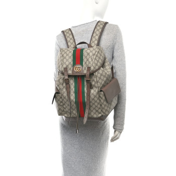GUCCI GG Supreme Monogram Medium Ophidia Double Buckle Backpack Brown
