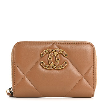 CHANEL Lambskin Quilted Chanel 19 Zip Around Coin Purse Wallet Brown