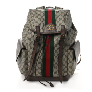 GUCCI GG Supreme Monogram Medium Ophidia Double Buckle Backpack Brown