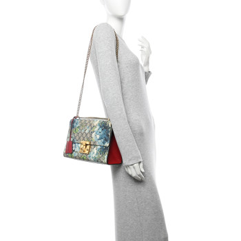 GUCCI GG Supreme Monogram Blooms Medium Padlock Shoulder Bag Beige Blue Navy Hibiscus Red