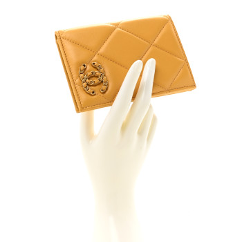 CHANEL Lambskin Quilted Chanel 19 Passport Holder Yellow