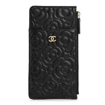 CHANEL Caviar Camellia Embossed Classic Flat Wallet Pouch Black