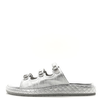 CHANEL Laminated Lambskin Quilted Velcro Crystal CC Dad Slide Sandals 40 Silver