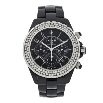 CHANEL Stainless Steel Ceramic Diamond Bezel 41mm J12 Chronograph Automatic Watch Black