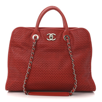 CHANEL Calfskin Perforated Up In The Air Tote Red